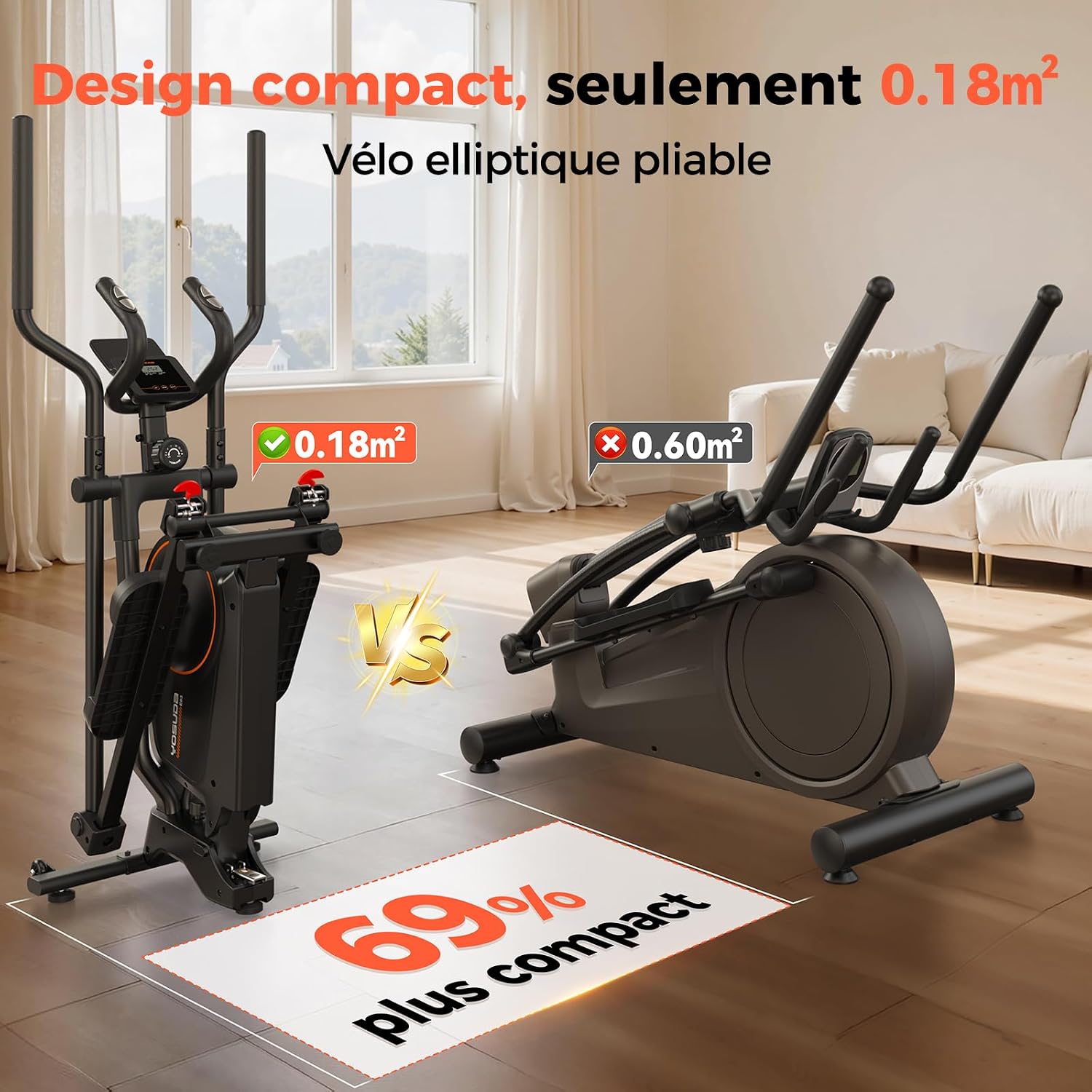 Vélo Elliptique Pliable pour la Maison – 16 Niveaux de Résistance, Ultra Silencieux pour Le Cardio, Écran LCD et roulettes de Transport Grand
