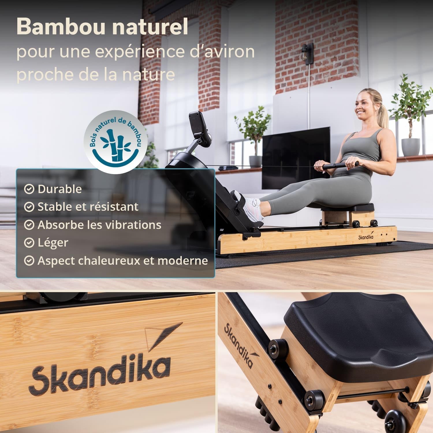 Rovek Rameur en bois pour la maison, résistance magnétique avec 32 niveaux, système de masse d'inertie de 6 kg, compatible avec application Kinomap, jusqu'à 195 cm marron clair