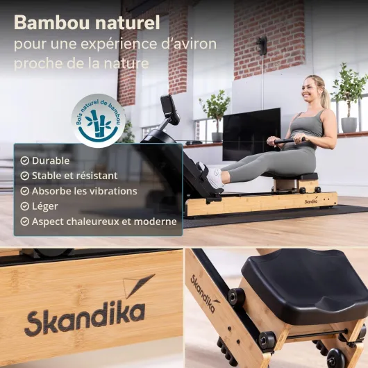 Rovek Rameur en bois pour la maison, résistance magnétique avec 32 niveaux, système de masse d'inertie de 6 kg, compatible avec application Kinomap, jusqu'à 195 cm marron clair