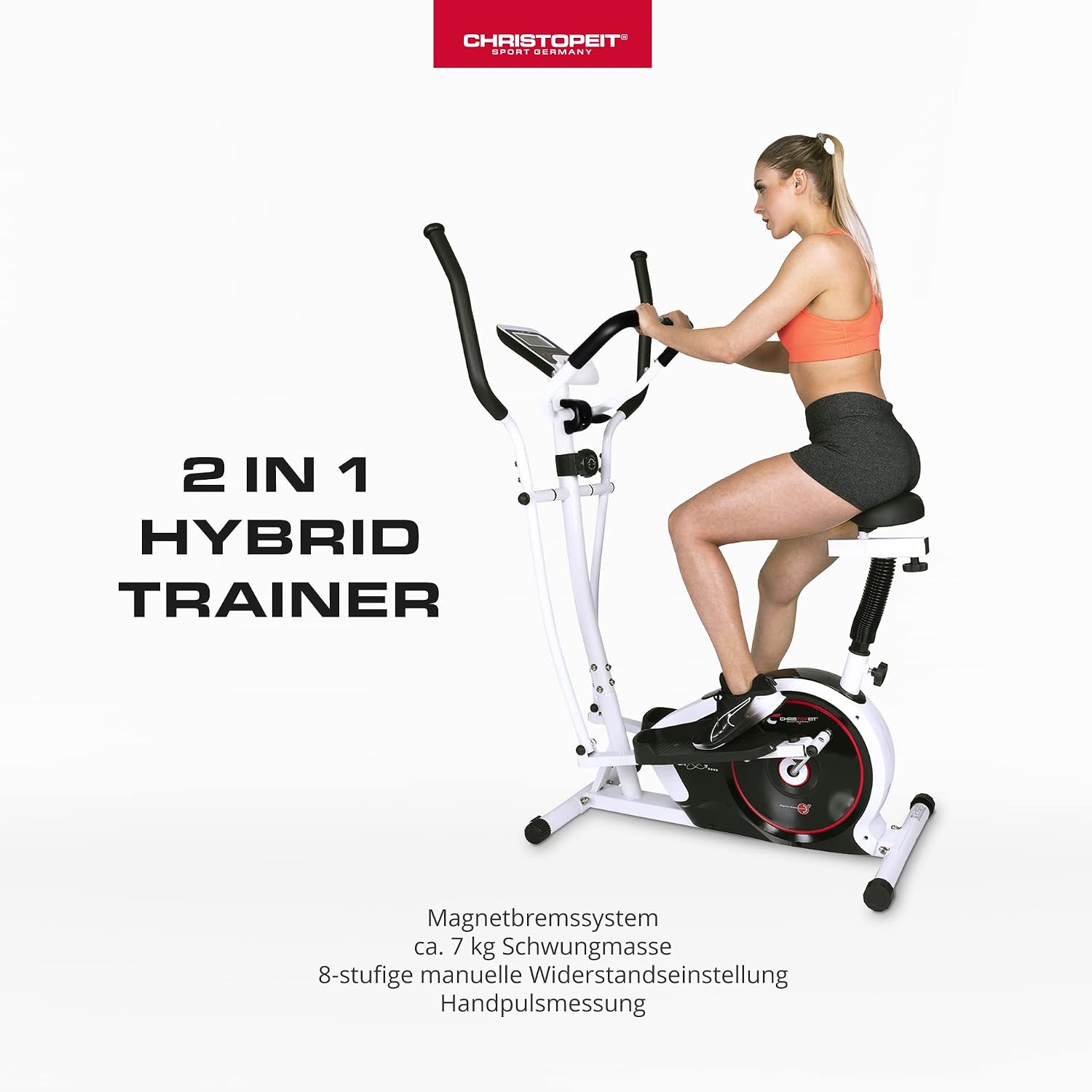 Christopeit Vélo elliptique et vélo d'appartement, 2 en 1 CT 4 avec frein magnétique de 7 kg et 8 niveaux de résistance – Entraînement silencieux, écran LCD, capteurs de pouls et support pour tablette