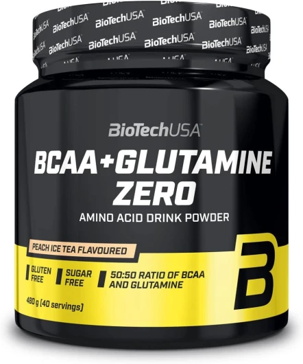 BioTechUSA BCAA + Glutamine Zero - 40 portions - Vegan - Sans sucre - Sans gluten - Rapport 2:1:1 BCAAs - 480 g - Thé glacé à la pêche