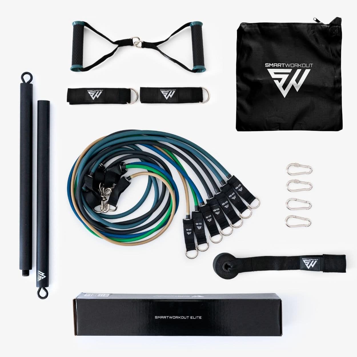 SmartWorkout Pro - Kit d'élastique de Musculation - 7 Bandes de résistance totalisant 120 kg, poignées, Sangles de Cheville et ancrage de Porte Elastiques + barre de musculation