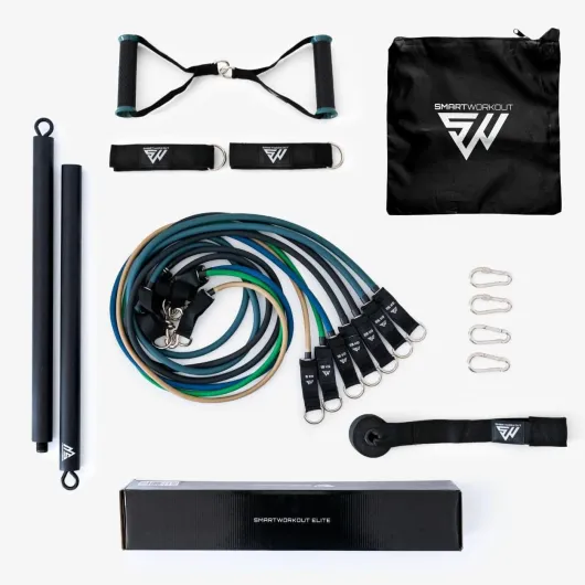 SmartWorkout Pro - Kit d'élastique de Musculation - 7 Bandes de résistance totalisant 120 kg, poignées, Sangles de Cheville et ancrage de Porte Elastiques + barre de musculation