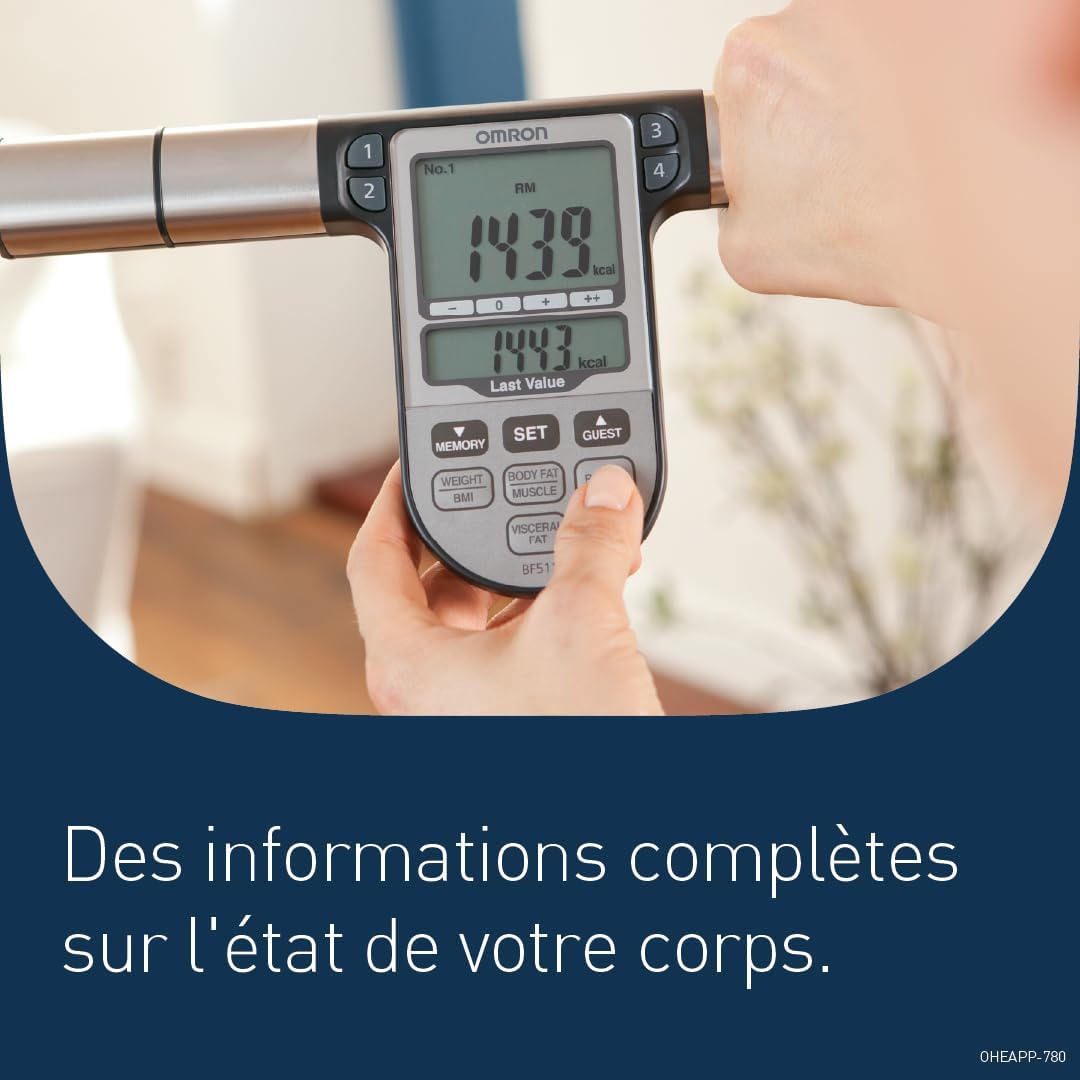 OMRON BF511 Balance Pèse Personne Familiale avec Mesure Complète à 8 Capteurs, Analyse du BMI et du Pourcentage de Graisse - Balance Numérique pour Adultes/Enfants (6 ans+) - Capacité 150 kg Bleu 303 x 327 x 55