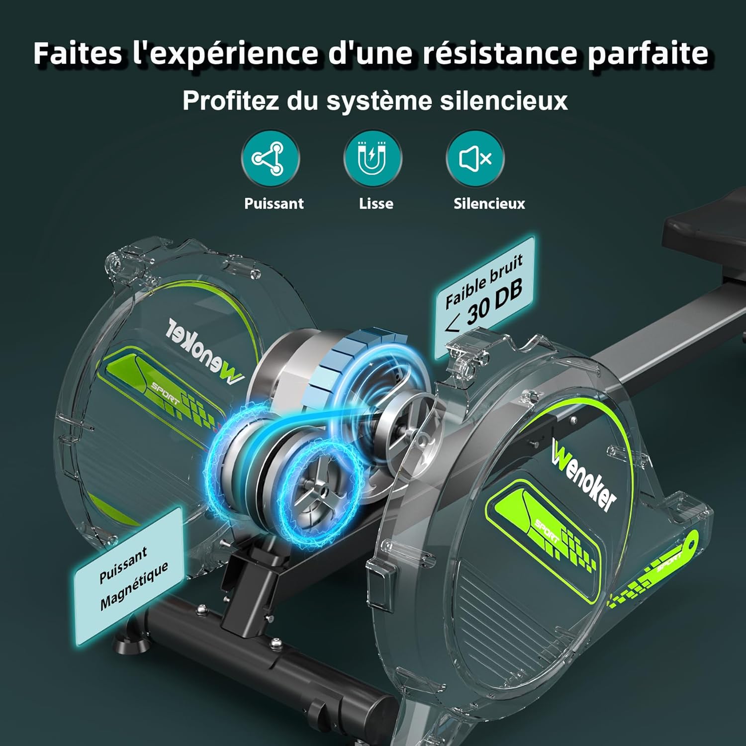 WENOKER Rameur magnétique Pliable pour la Maison, capacité de Poids de 160 kg, Silencieux et Lisse avec Support de Tablette pour écran LCD et Coussin de siège Confortable Noir