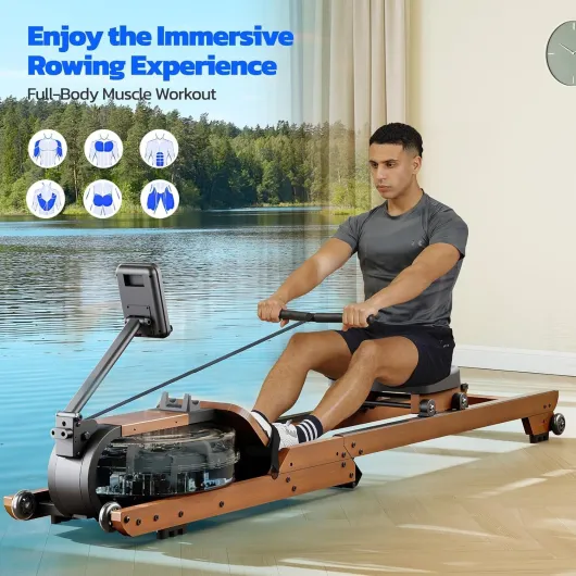 Rameur Pliable Appartement Freinage Magnétique 16 Niveaux de résistance Silencieux avec APP Exclusive, Rameur Magnétique Support de Tablette Assemblage Facile Bois eau