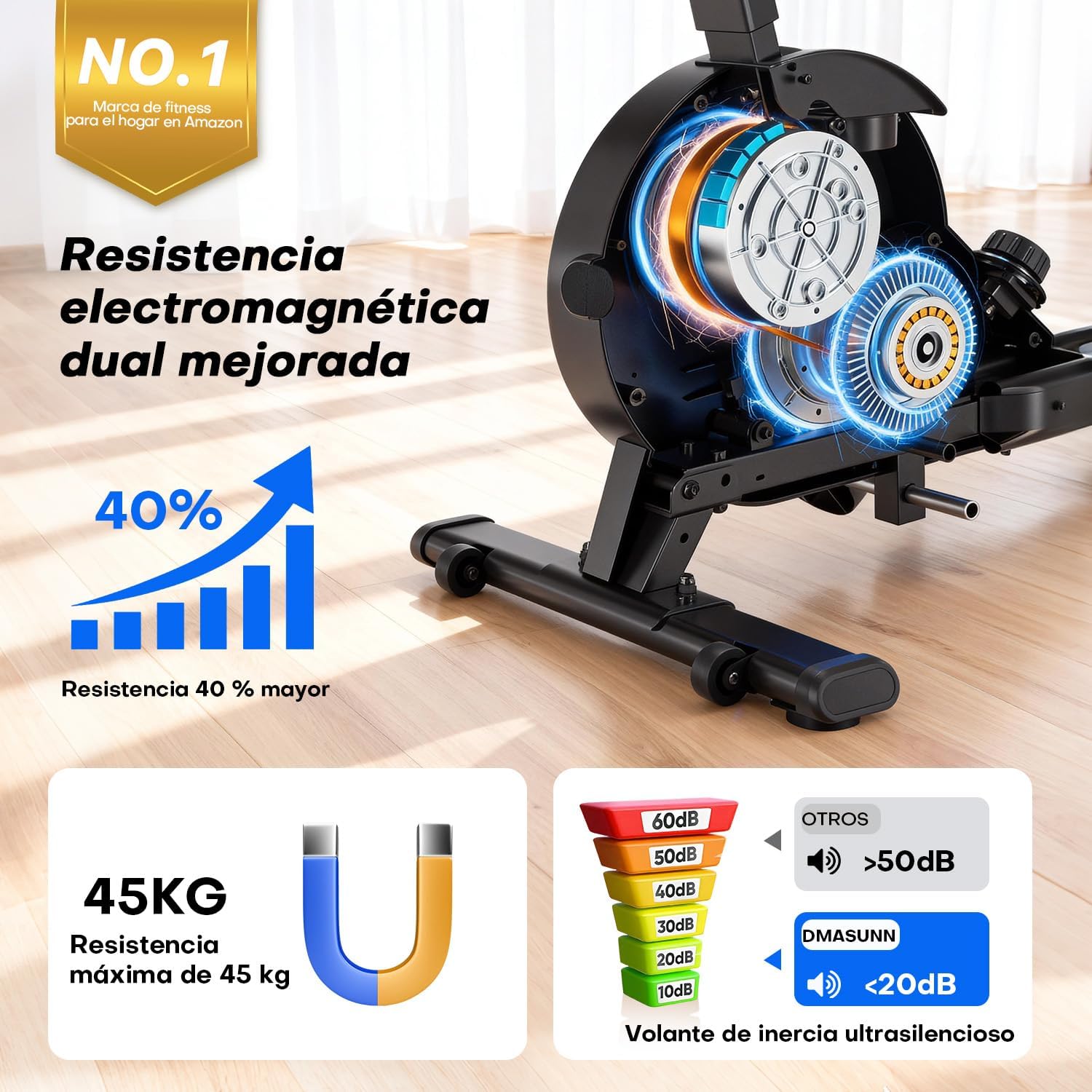 DMASUN Rameur Musculation d'Appartement​, 16/32 Niveaux de Résistance Magnétique, Rameur à Double Rails, App et Écran LED, Rangement Vertical, Assemblage Facile, Capacité 160 kg Noir et bleu