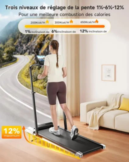 Tapis de Course 6 en 1, Pente 1%-6%-12%, Vitesse 12km/h, Hauteur de la Colonne Montante télescopique 115CM, Angle de la Colonne Montante 95°-105°, 2.5 HP, Compact Noir