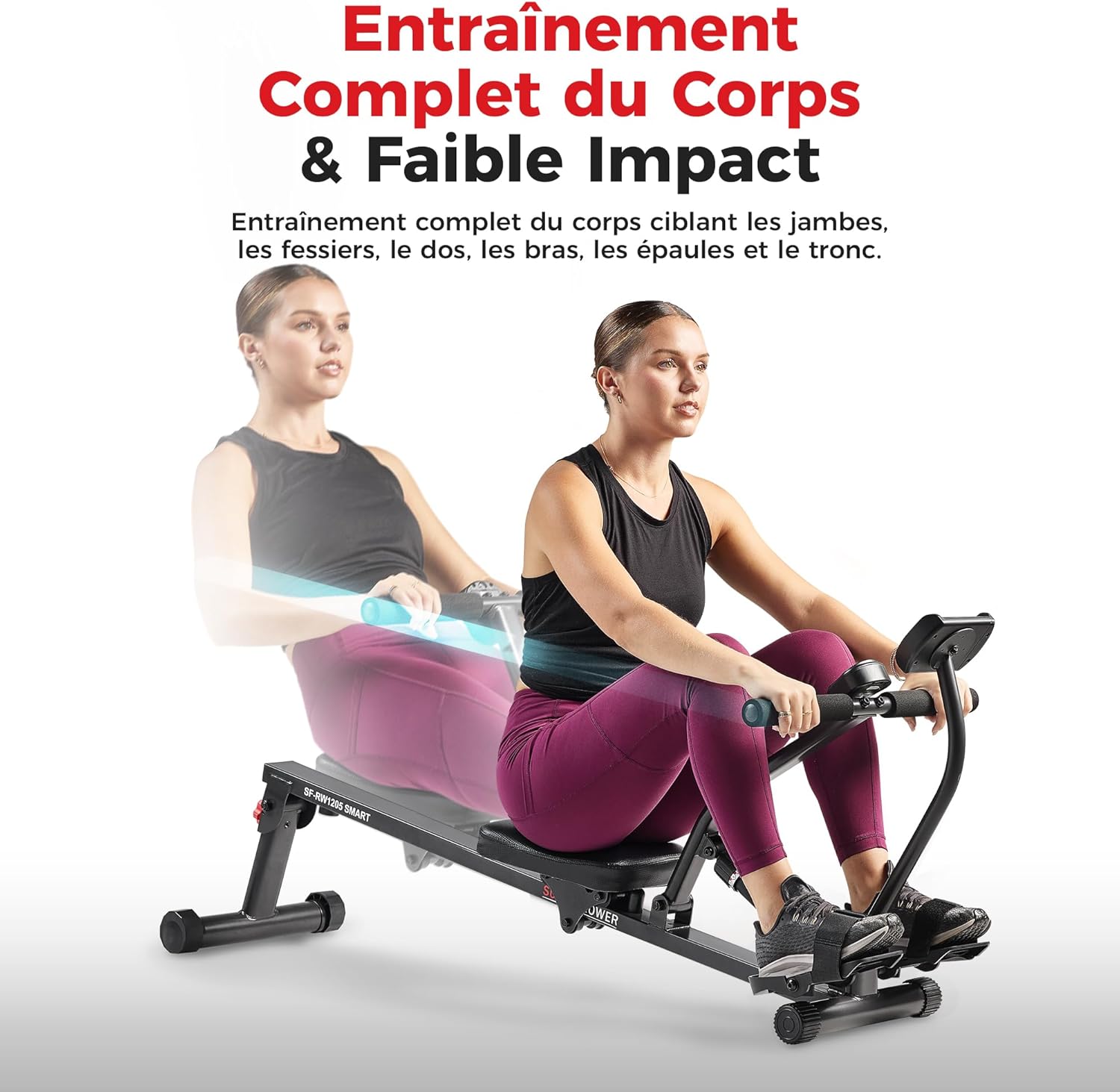 Sunny Health & Fitness Rameur de Fitness Compact avec 12 Niveaux de Résistance, Appareil Réglable pour Entraînement Complet du Corps à la Maison, avec Optionnelle Connexion SunnyFit APP Gratuite Noir