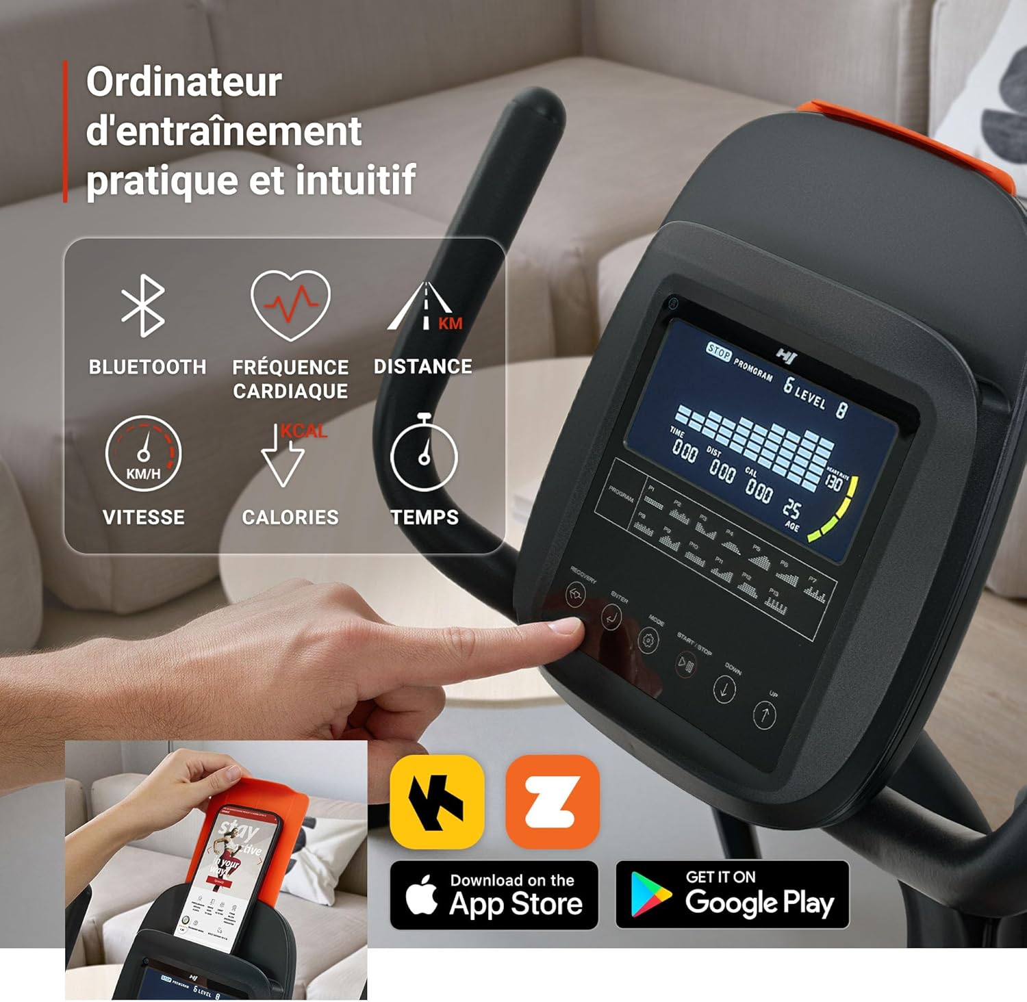 HOP-SPORT® Vélo semi-allongé HS-5000L Ranker avec Bluetooth, Connecté APP, 32 niveaux de résistance et 24 programmes, Vélo couché magnétique ergonomique avec dossier pour cardio à domicile