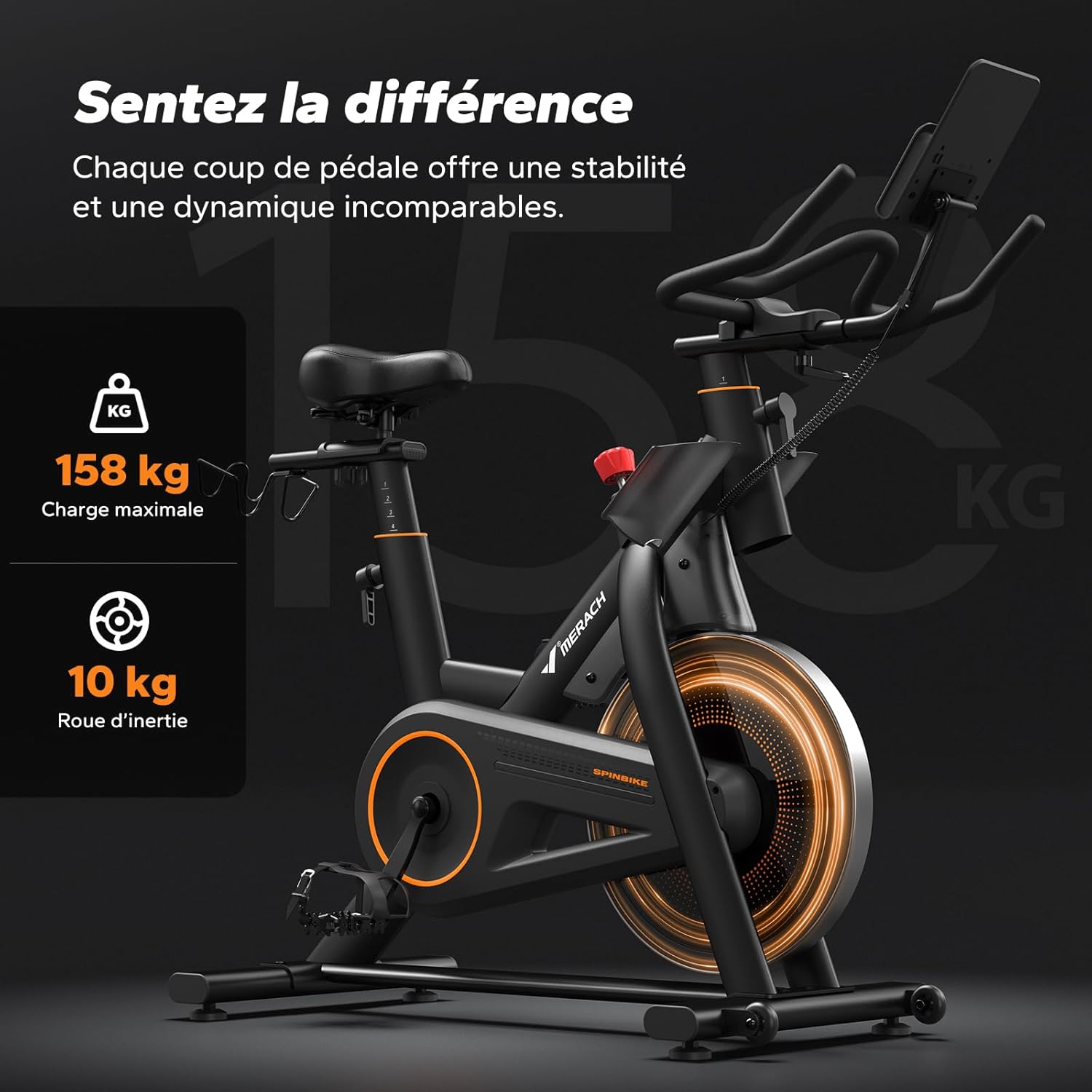 Vélo d'appartement avec résistance magnétique, silencieux, coussin d'assise confortable, avec support pour tablette, application personnelle, jusqu'à 158 kg Noir