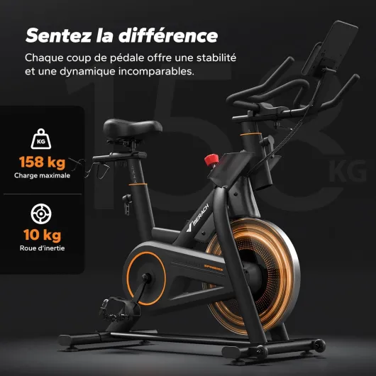 Vélo d'appartement avec résistance magnétique, silencieux, coussin d'assise confortable, avec support pour tablette, application personnelle, jusqu'à 158 kg Noir