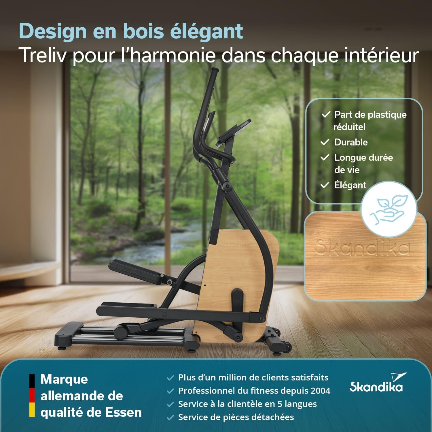 Vélo elliptique Treliv P22 - Vélo elliptique d'appartement avec éléments en Bois, 32 Niveaux, 22 programmes, Frein magnétique, Compatible avec Kinomap, Bluetooth, Max 135KG