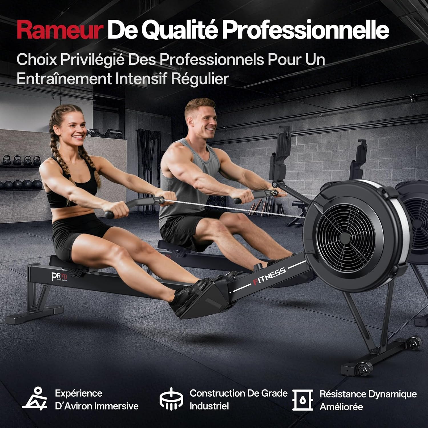 Rameur d'appartement à Résistance Aérienne pour La Maison avec Kinomap APP, Rameur Professionnel Musculation pour Intérieur avec Écran Intelligent, Capacité de Poids 150 KG, Stockage Facile Noir