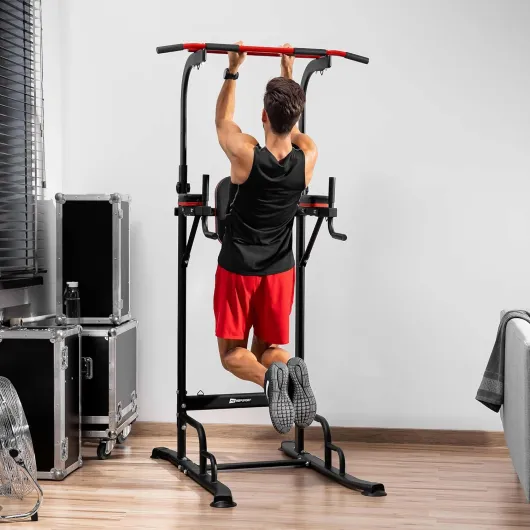 HOP-SPORT® Power Tower HS-1016K avec station de dips, tour de musculation multifonction complet avec barre de traction réglable, Chaise Romaine avec poignées antidérapantes 2 extenseurs, max - 150 kg