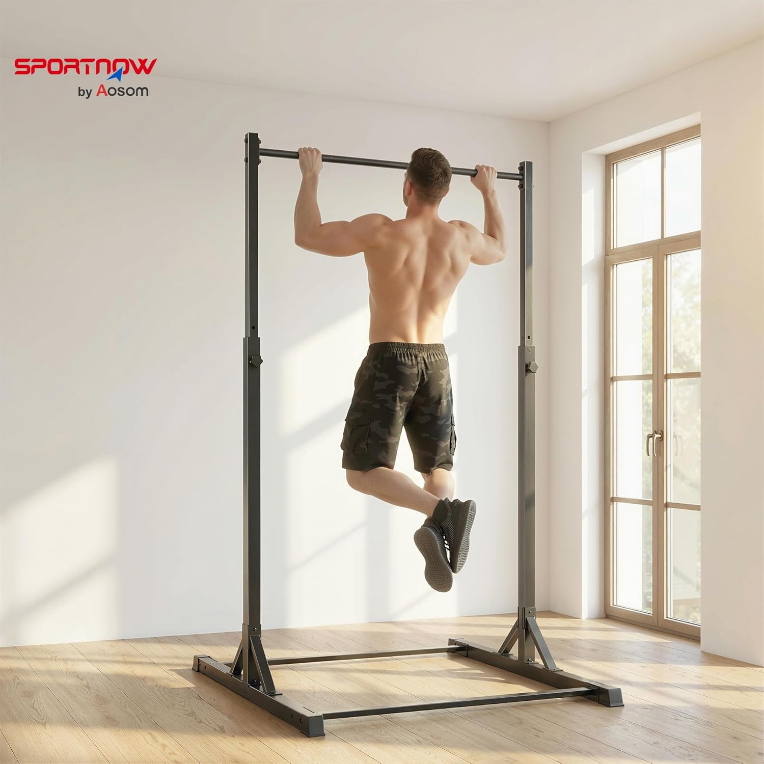 Barre de traction sur pied et station de musculation - power tower 200 kg, 8 niveaux de hauteur, châssis en acier robuste 128 cm, équipement fitness pour musculation maison et tractions, noir