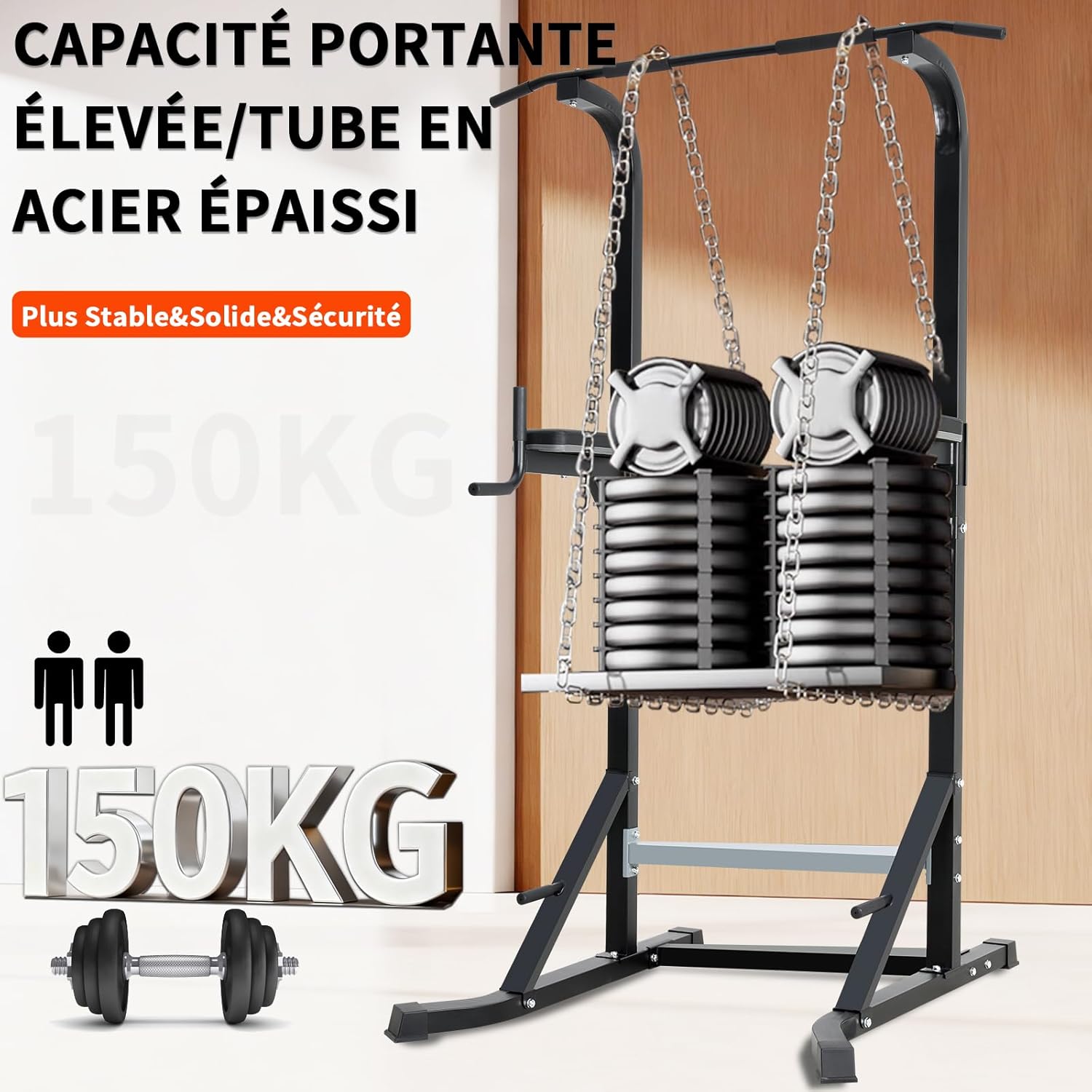 Chaise Romaine Station de Musculation Complet, Pull Bar Barre de Tractions sur Pieds, Barres de Traction Support d'Entraînement Dips Pull Up Fitness Power Tower, Barre Traction Stable Charge 150KG