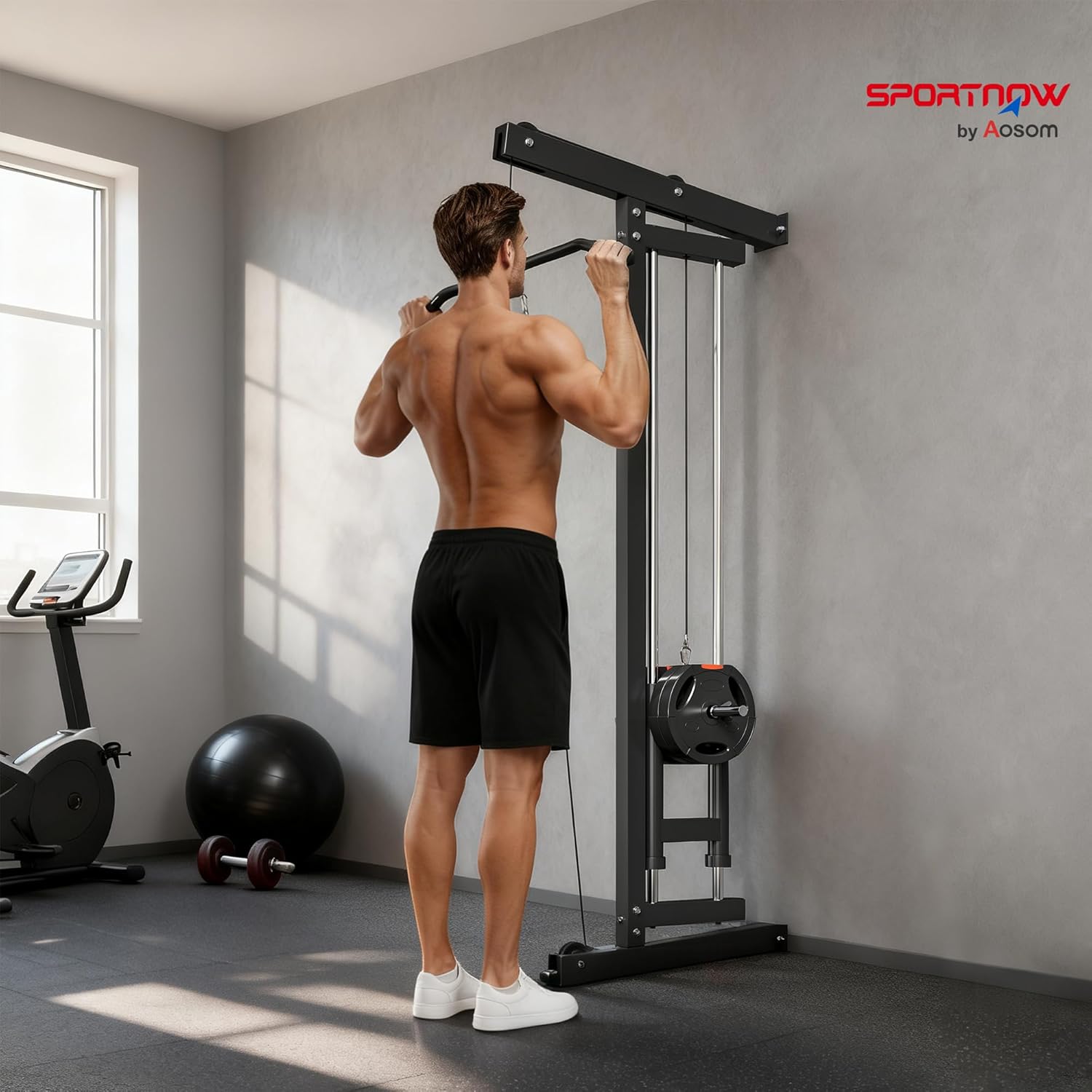 Appareil de musculation mural, station de traction, station de musculation multifonction, poulie haute et basse, 2 poulies, barre de traction entraînement domicile, fitness, gym, maison, noir