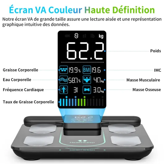 Pèse Personne Balance Connectée Impédancemètre Avec 8 Électrodes 21 Données Corporelle Affichage VA Mesure BIA à Double Fréquence Avec APP pour Andriod et iOS, Max - 180kg/400lb/28st