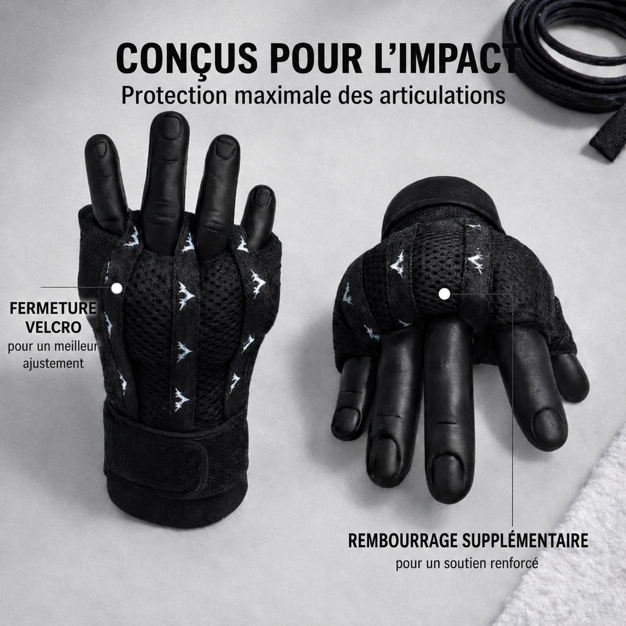Bandage de Boxe Professionnel Ultra Rembourré avec Système d'enfilage Rapide Noir S-M