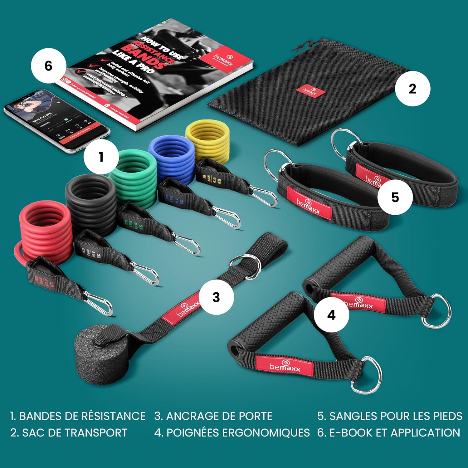 Kit Élastique Musculation Fitness + Guide Exercices, 5X Bandes de Résistance Tubes Professionnels + Poignées, Ancre de Porte, Sangles Pied - Entraînement Tractions Bras Jambes Haltere, Femme Homme Latex naturel