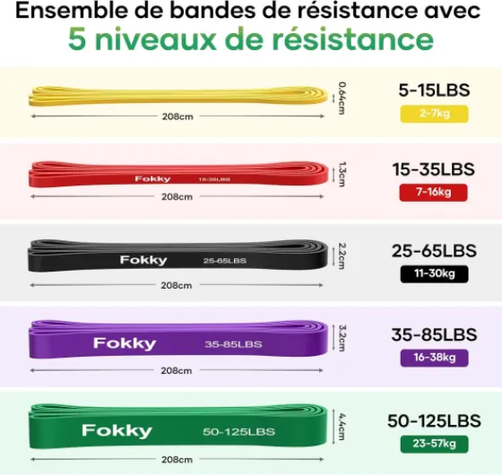 Fokky Bande Elastique Musculation, Élastique Musculation avec 5 Niveaux Différents, Elastique Sport et Poignées, Ancrage de Porte, Sac de Transport, Idéal pour Yoga Pilates Fitness Crossfit Jaune, Rouge, Noir, Violet, Vert
