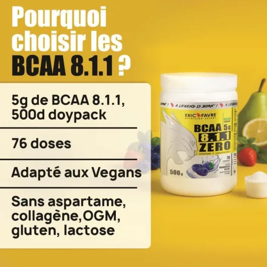 BCAA POUDRE 8.1.1 Zero - Acides Aminés Musculation Vegan - Votre Allié Pour Des Entraînements Efficaces - Performance Accentuée - 500g - Saveur Thé Pêche - Eric Favre