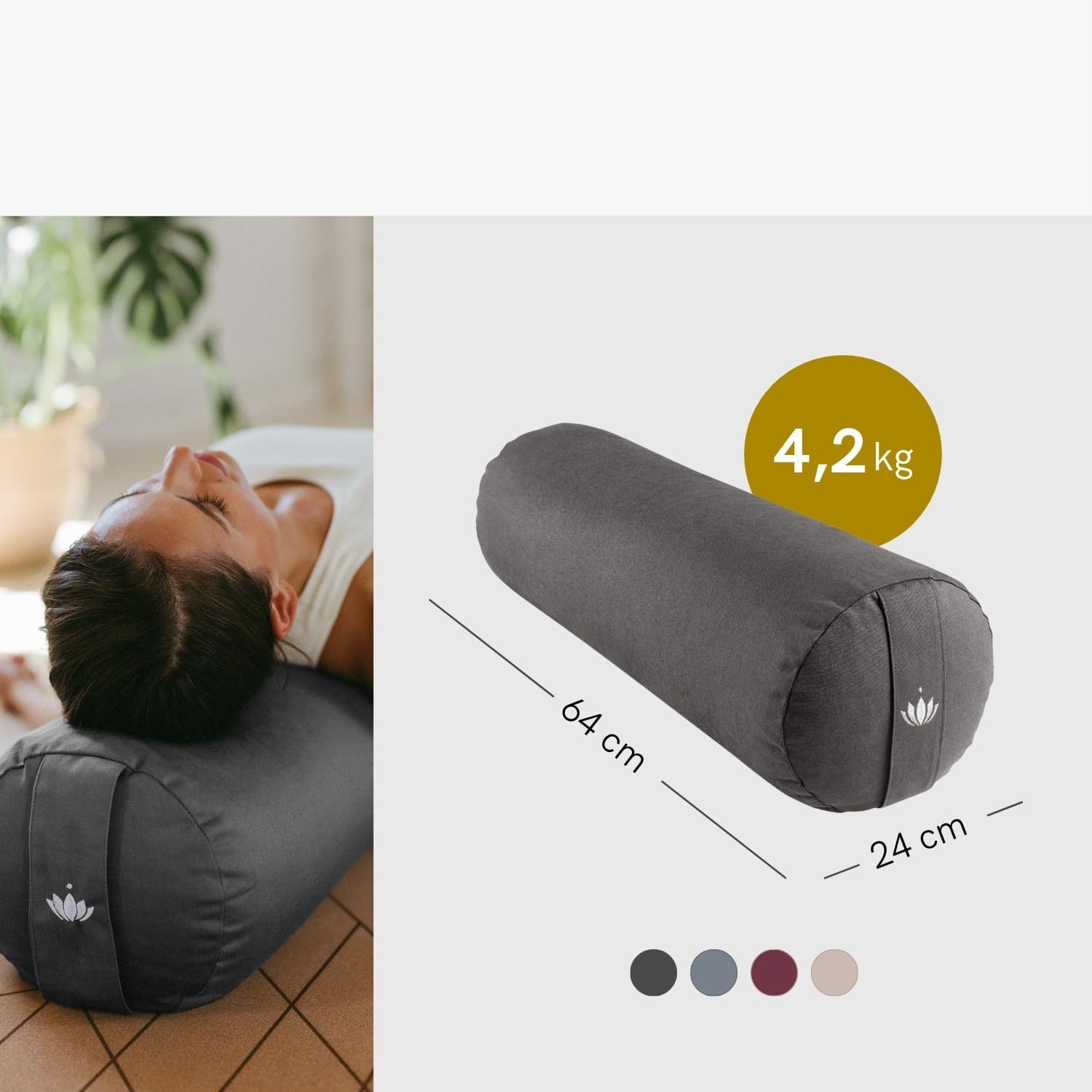 Rouleau de yoga pour Yin Yoga, certifié GOTS, rouleau de avec rembourrage en épeautre, housse en coton lavable, bolster, coussin yoga, pilates