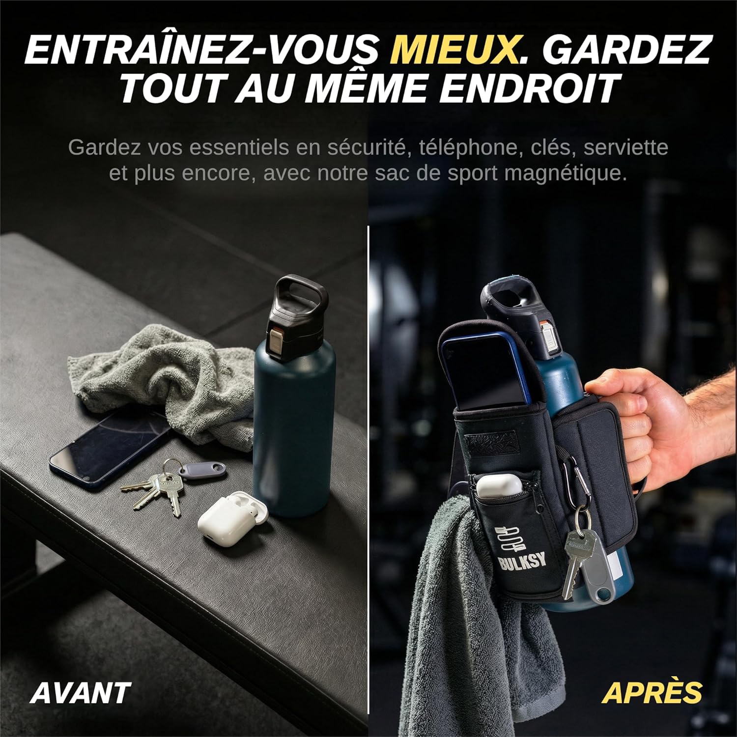 Sac Magnétique Sport - Magnetic Gym Bag - Porte Fitness Materiel - Sac Magnetique Salle de Sport - Porte Telephone Sport - Mousqueton pour Clés - Pochette pour Earbuds - Porte Gourde 1 à 1,5 litres