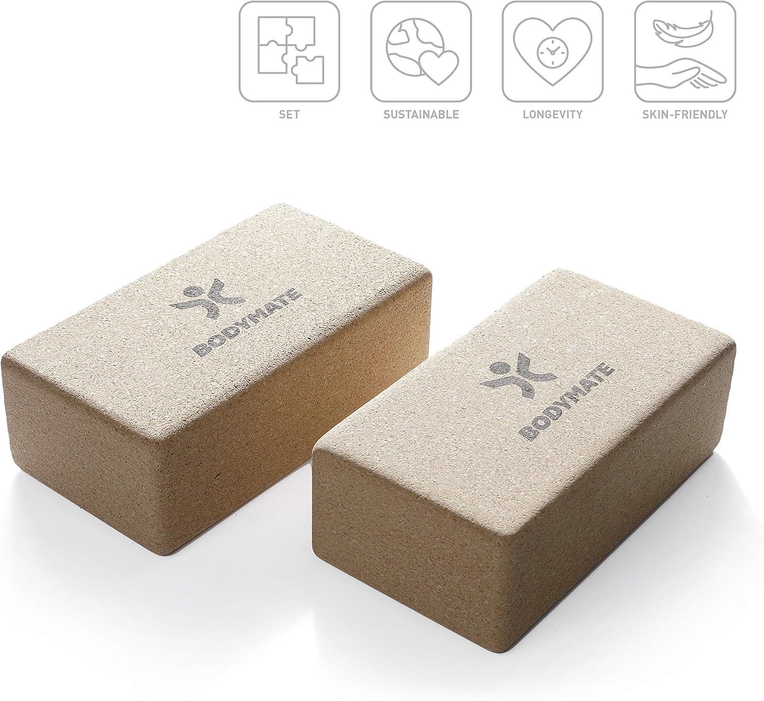 Lot de 2 blocs de yoga en liège 100% naturel et écologique, support pour asanas, méditation, exercices de relaxation, pour débutants et pro, 22 x 12 x 7,5 cm
