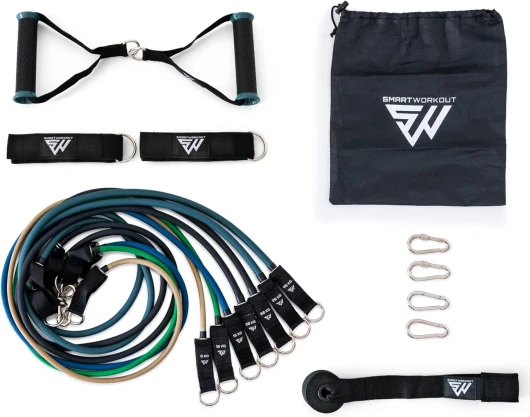 SmartWorkout® - Kit Elastiques de Musculation Professionnel - Pack Fitness Complet 19 pcs, 7 Bandes de résistance totalisant 120kg, Barre pour élastiques, Poignées, Ancrage de Porte & Programme