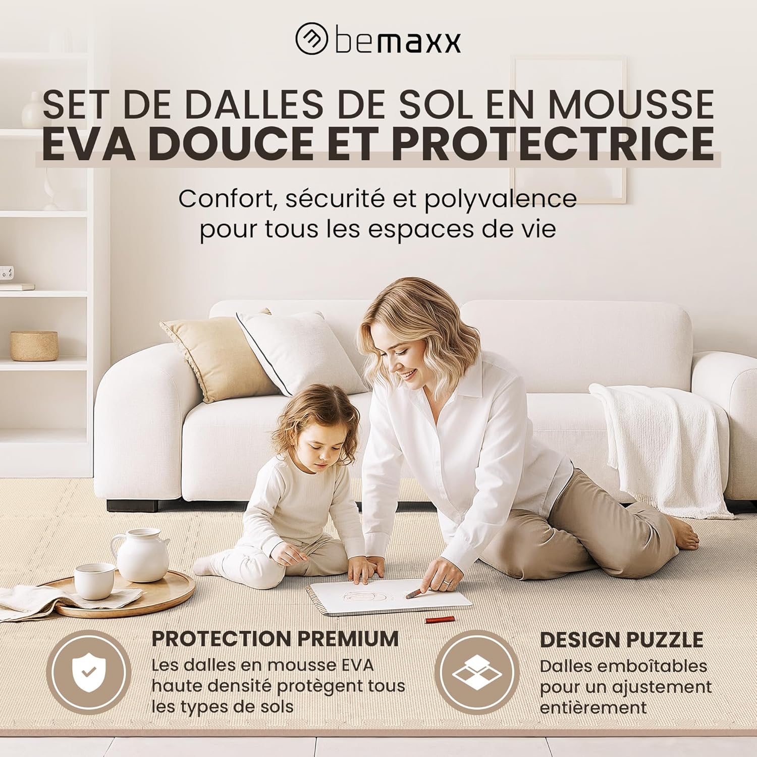 Tapis de Fitness Protection de Sol Salle de Sport - Dalles en Mousse sans BPA + Bordures - Matelas Puzzle Tatami EVA Caoutchouc pour Matériel Gym Banc de Musculation Course Garage Piscine Isolation Warm Sand - 18 Tapis - 1,67 M² 32L x 32l x 1Ép cm