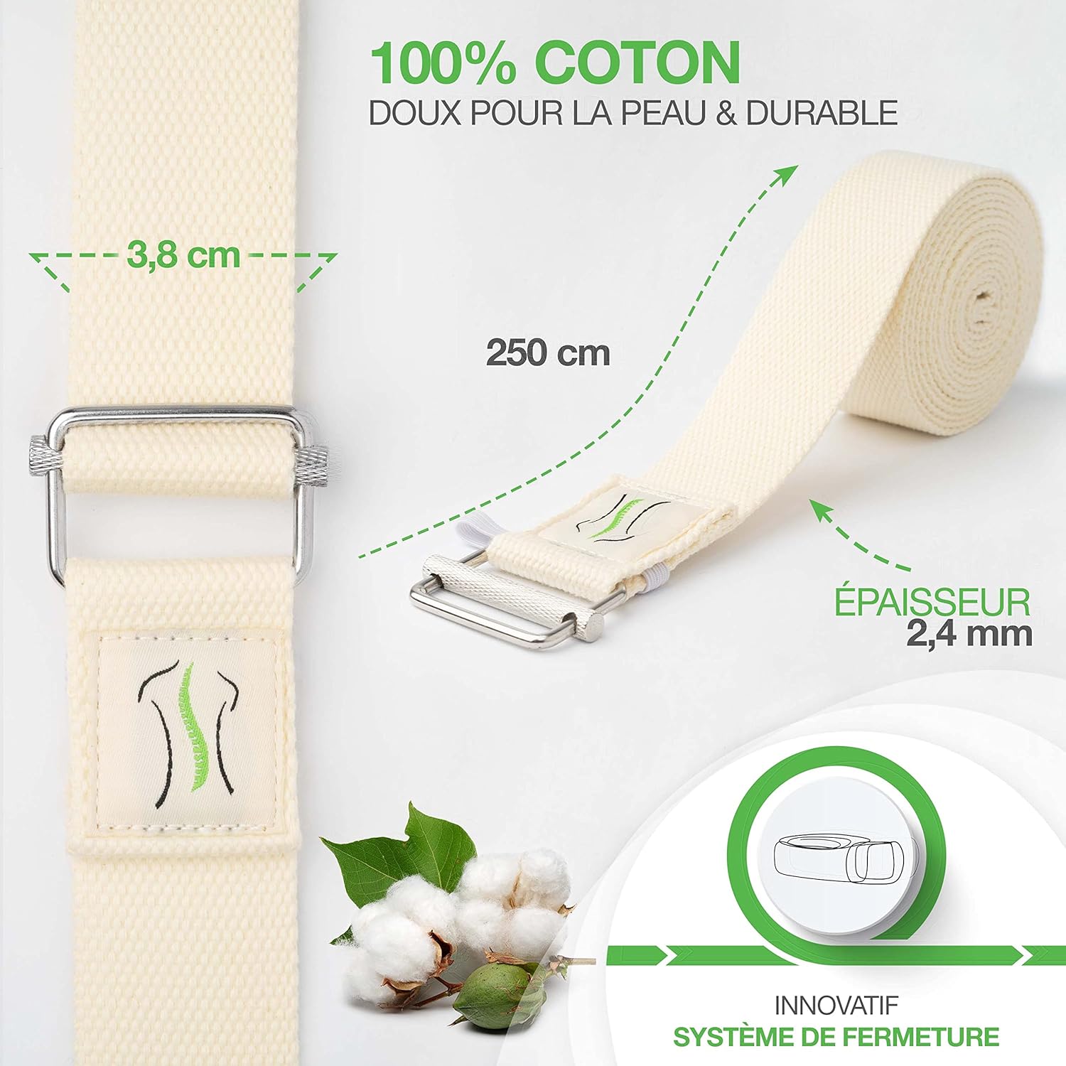 ® Sangle yoga – Sangle coton pour yoga durable de 250 cm de long avec fermeture pratique en métal - Idéale pour le Pilates et les étirements – vidéos d'application inclu naturel