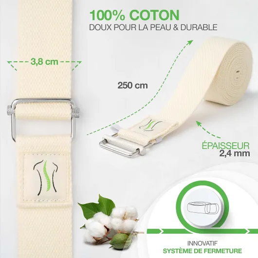 ® Sangle yoga – Sangle coton pour yoga durable de 250 cm de long avec fermeture pratique en métal - Idéale pour le Pilates et les étirements – vidéos d'application inclu naturel