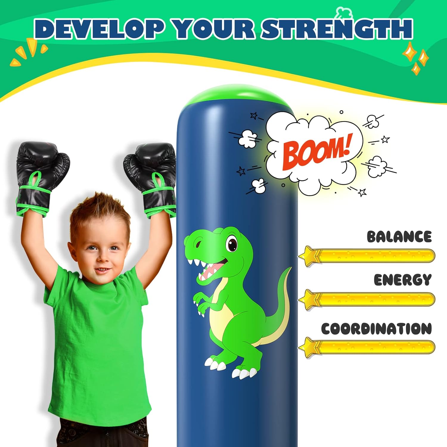 QPAU Sac de Boxe pour Enfants, Sac Boxe Gonflable Pied pour 3-8, Cadeaux pour GarçOns et Filles, Debout pour Enfants Set pour Pratique du Karaté, Taekwondo 48" (122 cm) Vert