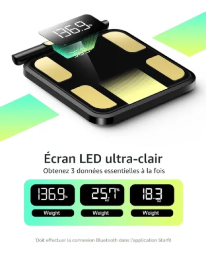 RunSTAR Balance Pese Personne Intelligent, Pèse Personne avec 8 Électrodes, Masse Grasse, 28 Mesures Corporelles et connectivité App, affichage 3 mesures, 180 kg/400 lb Or noir