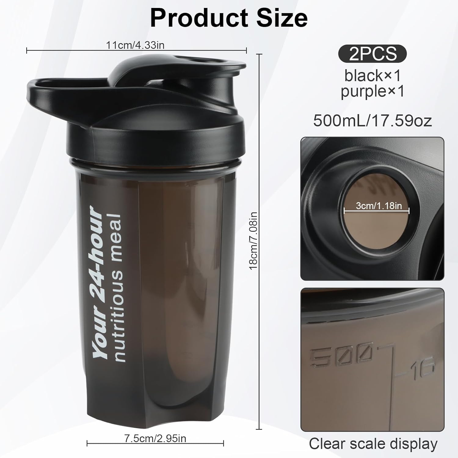 2 Pièces Protein Shaker, 500 ml Bouteille Shaker de Protéines avec Échelle de Mesure pour Protéines et Compléments, sans BPA
