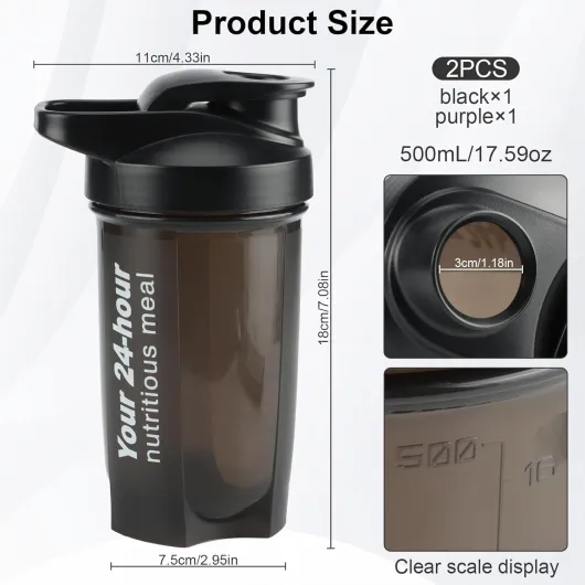 2 Pièces Protein Shaker, 500 ml Bouteille Shaker de Protéines avec Échelle de Mesure pour Protéines et Compléments, sans BPA