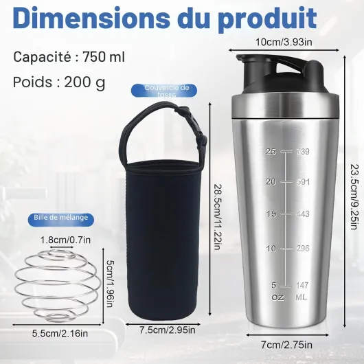 HA BIN Shaker protéines en acier inoxydable 750 ml avec boule mélangeur et manchon - Shaker de gym anti-goutte sans BPA - pour smoothies protéiques, suppléments et boissons