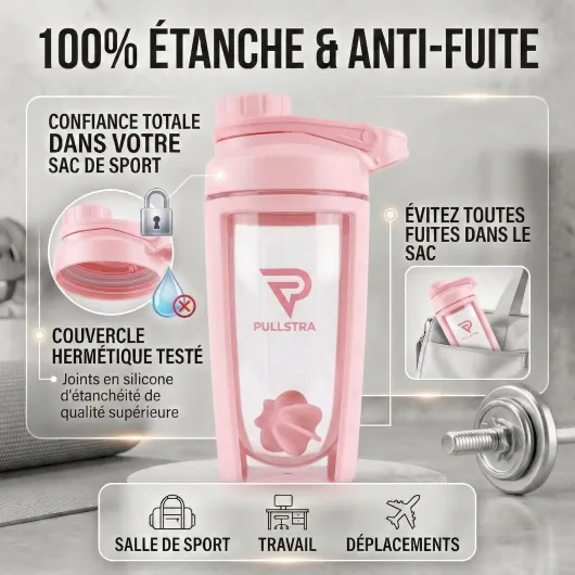 Shaker Protéine 500ml – Shaker Sport Étanche Sans Fuite, Gourde Sport pour Whey & Musculation, Shaker Gradué Sans Grumeaux, Fitness Homme & Femme (Rose)