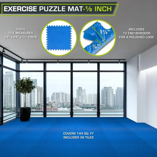 Puzzle Exercise Mat ½ in, EVA Interlocking Foam Floor Tiles for Home Gym, Mat for Home Workout Equipment, Floor Padding for Kids, Blue, 24 in x 24 in x ½ in, 144 Sq Ft - 36 Tiles Blue - 144 Sq Ft - 36 Tiles Uni