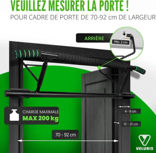 Veluris Barre de traction pour cadre de porte - Barre de traction très résistante [jusqu'à 200 kg] - Barre de porte sans montage - 20 cm plus haut dans le cadre - Également pour dips et push ups