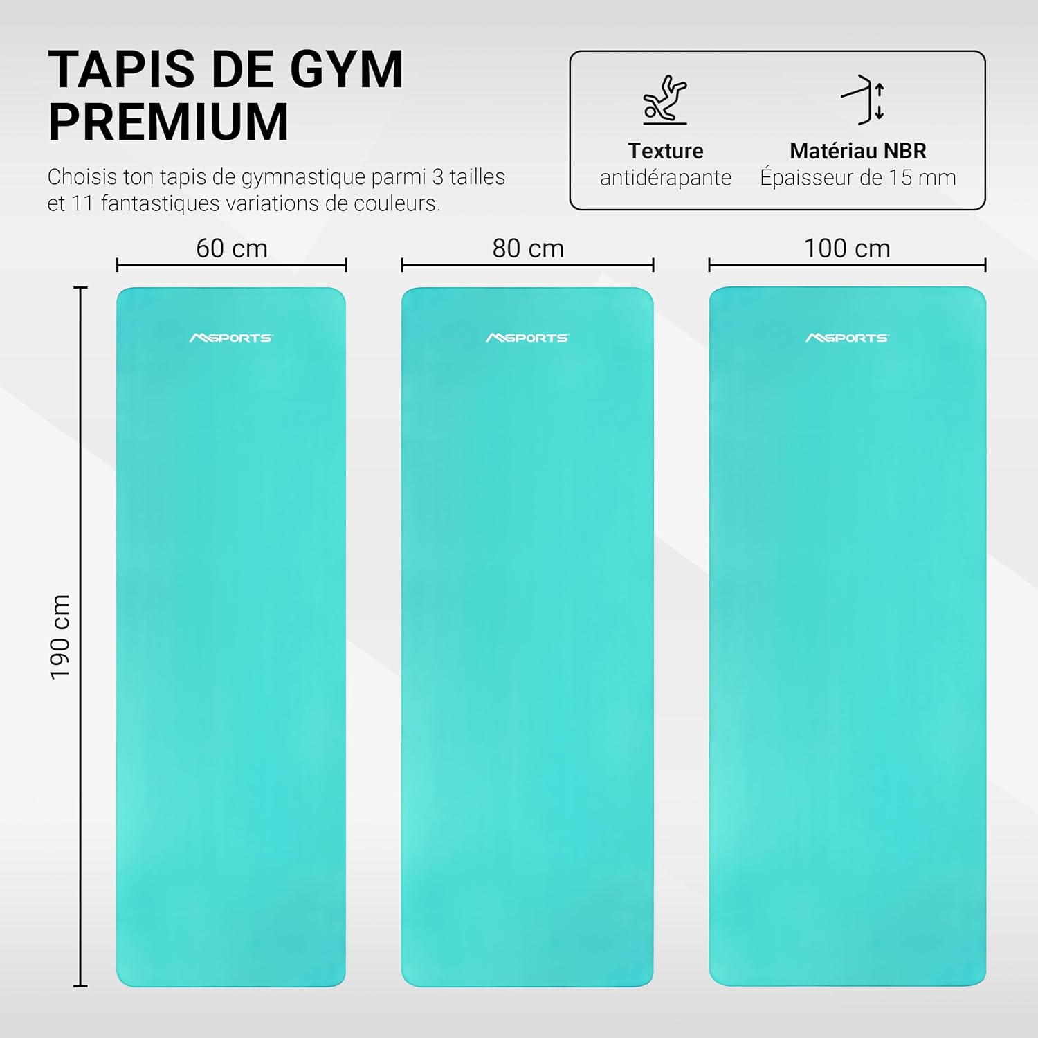 Tapis de Gymnastique Premium – Tapis de Sol Antidérapant pour Fitness, Yoga & Musculation – Disponible en 4 Tailles, et 12 Couleurs Tapis de yoga épais Aigue-marine 190 x 80 x 1,5 cm
