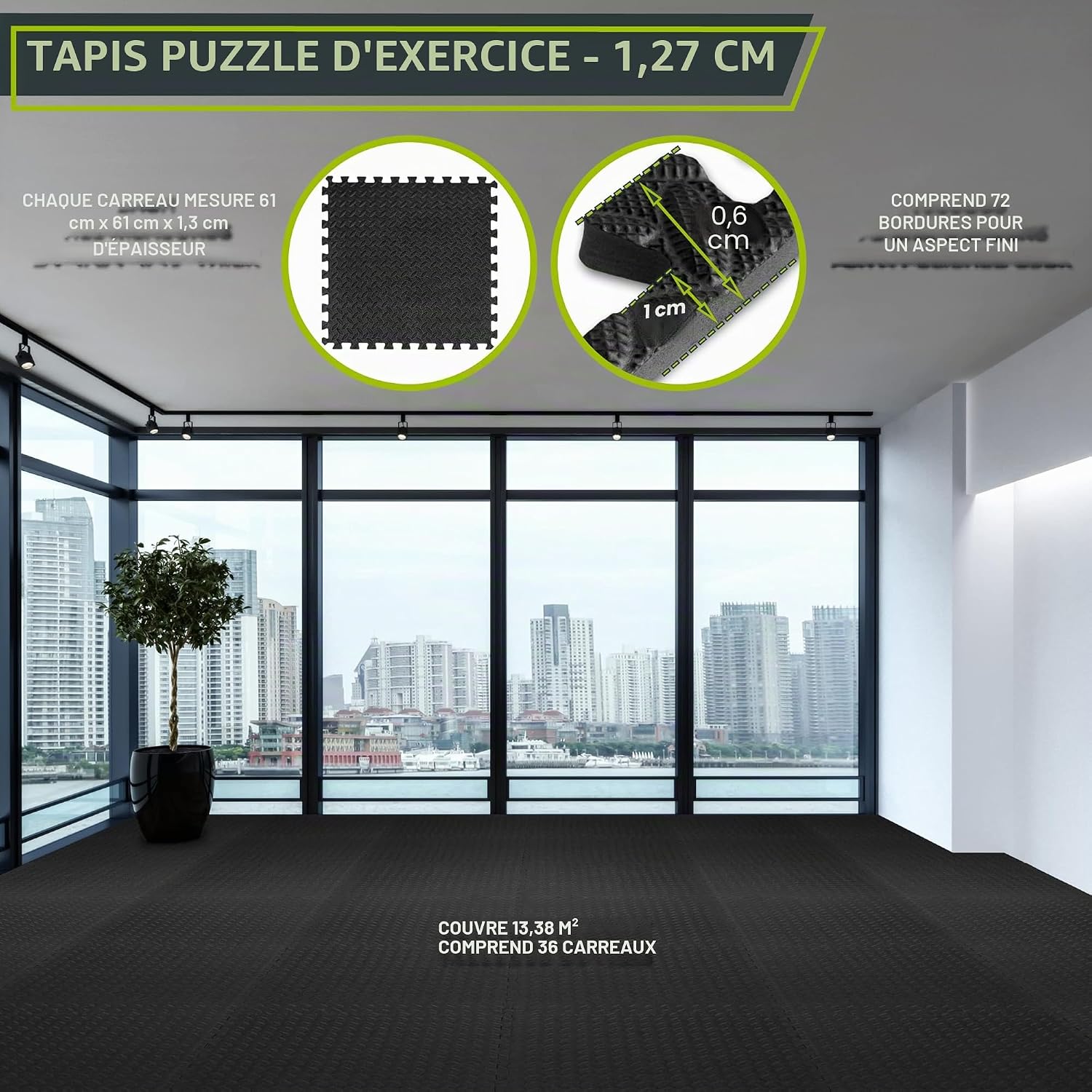 Puzzle Exercise Mat ½ in, EVA Interlocking Foam Floor Tiles for Home Gym, Mat for Home Workout Equipment, Floor Padding for Kids, Black, 24 in x 24 in x ½ in, 144 Sq Ft - 36 Tiles Noir
