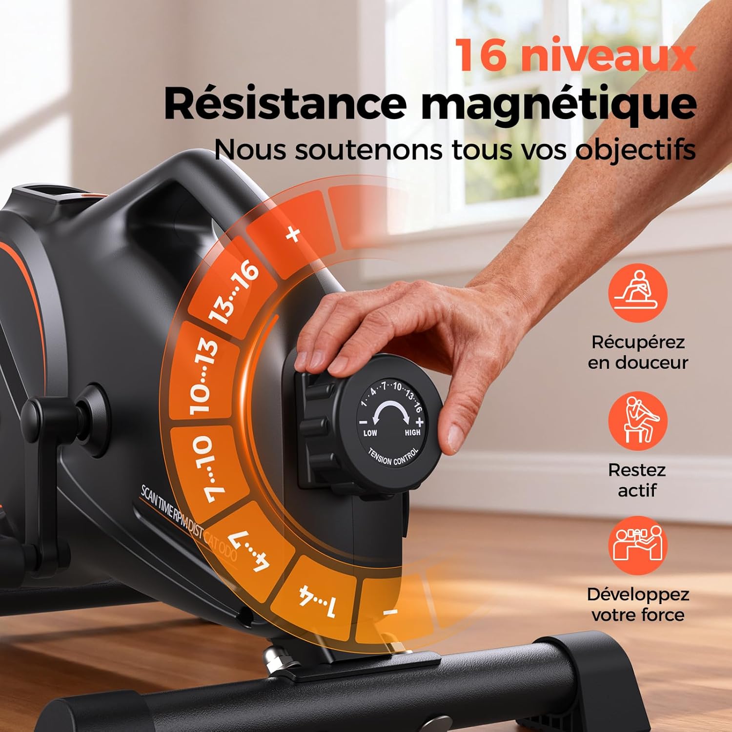Vélo d‘Appartement Mini avec 16 Niveaux de Résistance Réglable, Pedalier avec 2 Bandes de Résistance et Tapis Antidérapant, Silencieux pour Le Bureau et la Maison Orange Pro