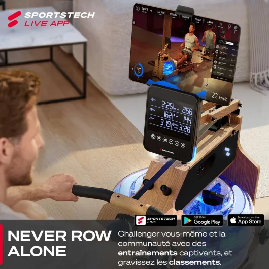 Rameur Premium Sportstech pour la Maison avec écran Tactile, Marque Allemande, appli avec Cours & entraînements, rameur Pliable avec Technologie LED, sRow Marron clair