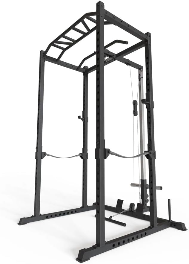 Atletica R5-Vega Power Rack - Cage de musculation avec traction - Barre de traction multi-grip - Sangles de sécurité, crochets en J et broches de poids - Hauteur : 213 cm - Disponible en deux hauteurs 195 cm
