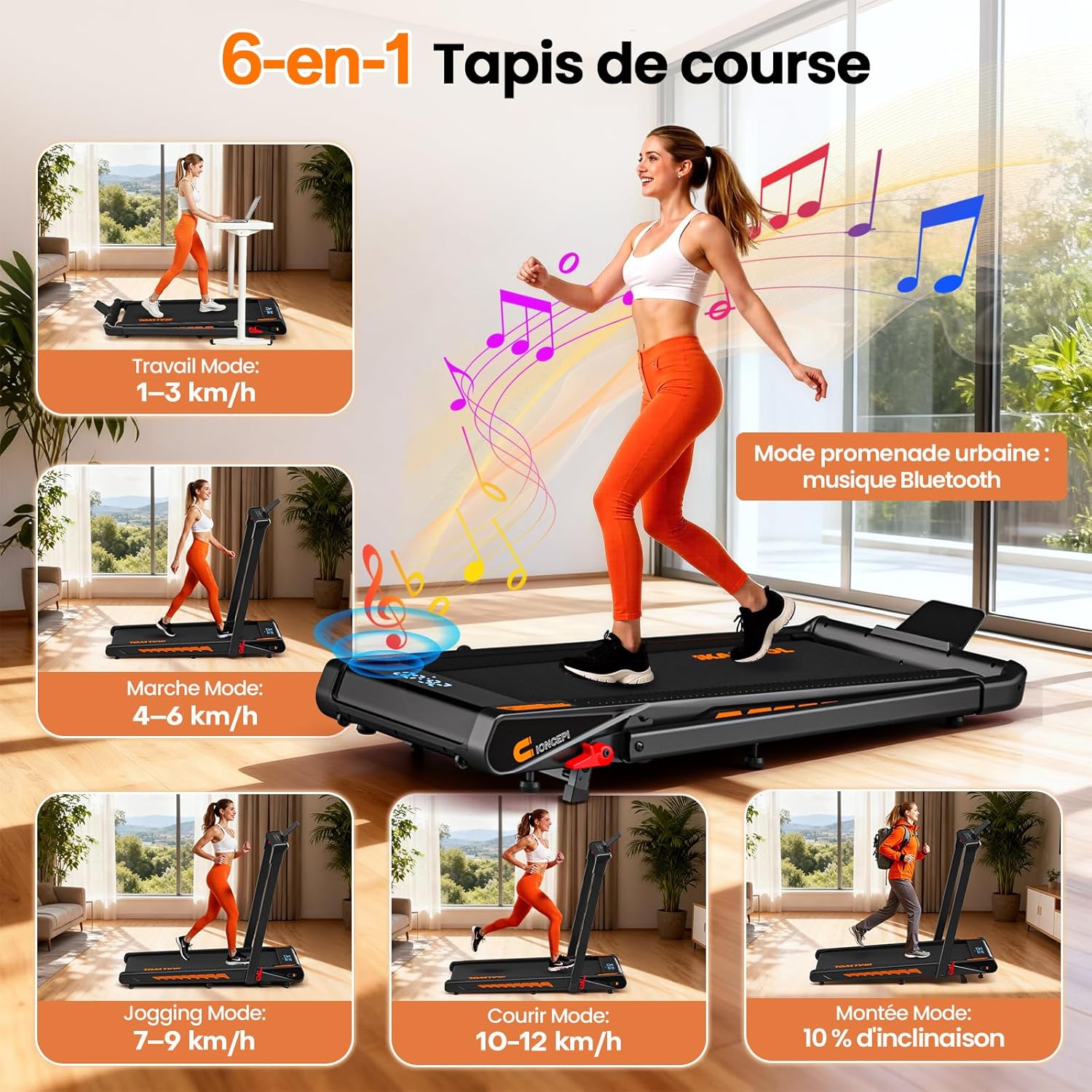 Tapis de Course, 6 en 1 Tapis de Marche Pliable avec Enceinte Bluetooth – Inclinaison 10%, Moteur Silencieux 3,0 CV, 12 KM/H, 12 Programmes, APP & Télécommande, Charge 160 kg – pour Maison & Bureau orange noir