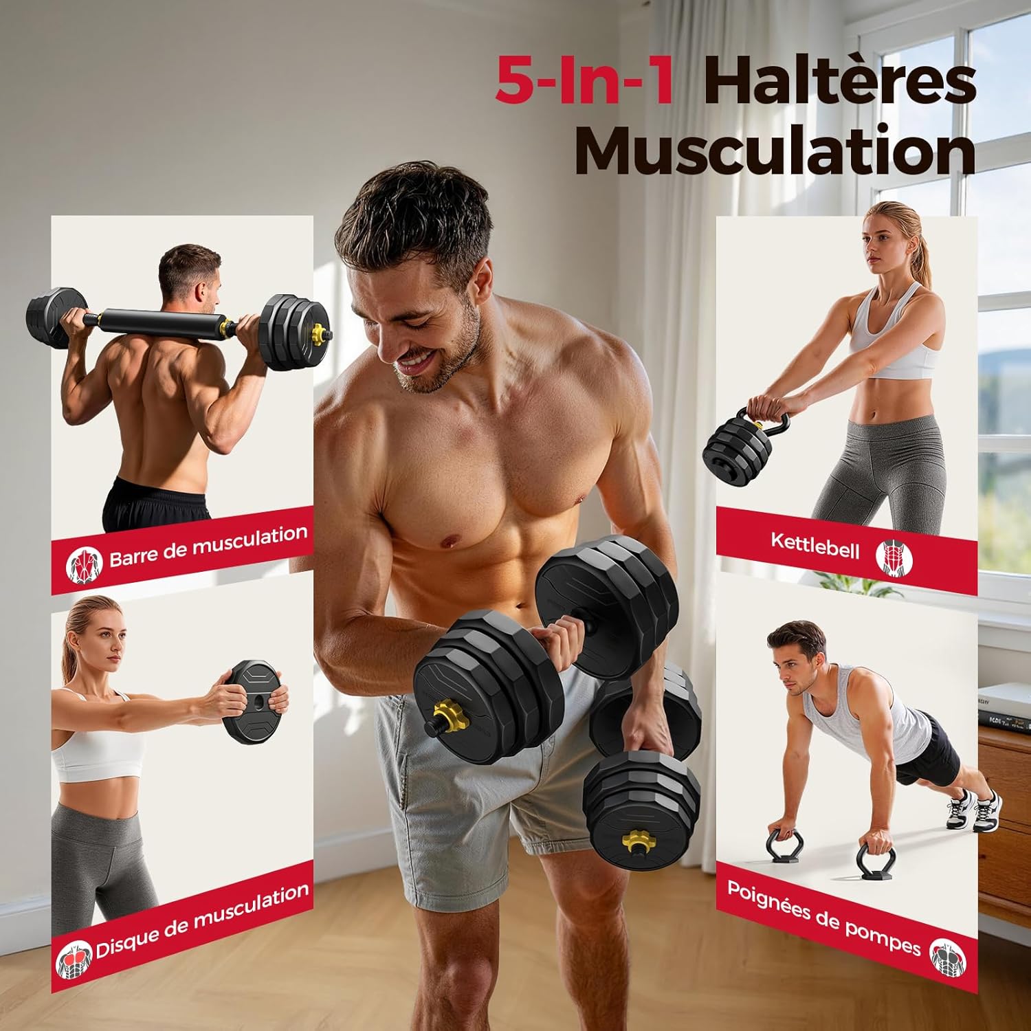 FEIERDUN 20/25/30/40kg 5 En 1 Kit Haltères Musculation, Poids Réglable, Support pour Pompes, Disque Musculation Dumbbells Barres Pour La Salle De Sport, Musculation pour Hommes et Femmes 25KG(2x12,5kg)