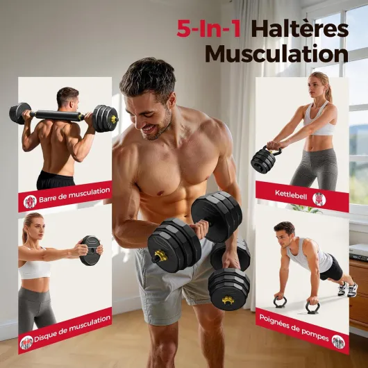 FEIERDUN 20/25/30/40kg 5 En 1 Kit Haltères Musculation, Poids Réglable, Support pour Pompes, Disque Musculation Dumbbells Barres Pour La Salle De Sport, Musculation pour Hommes et Femmes 25KG(2x12,5kg)